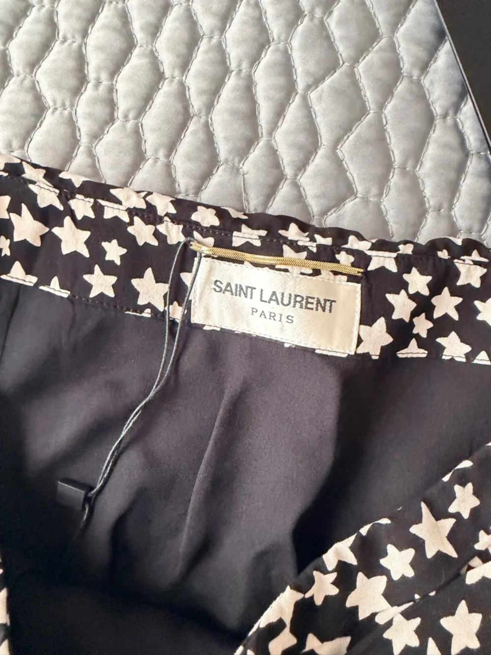 Saint Laurent Black Mini Skirt with White Star Print and Ruffle Hem - Picture 2 of 9